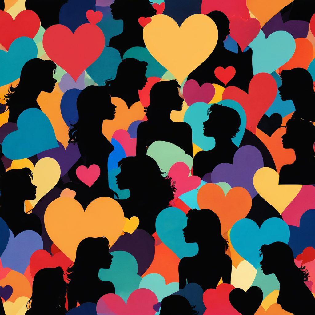 A visually striking, abstract representation of various sensual and intimate scenes in a creative collage. Include silhouettes of couples engaged in passionate moments, soft glowing screens displaying abstract shapes and colors reminiscent of adult-themed content. Surround the central figures with digital icons symbolizing modern video streaming, such as play buttons and hearts. This should evoke a sense of celebration and exploration of eroticism in the digital landscape. vibrant colors. abstract art.
