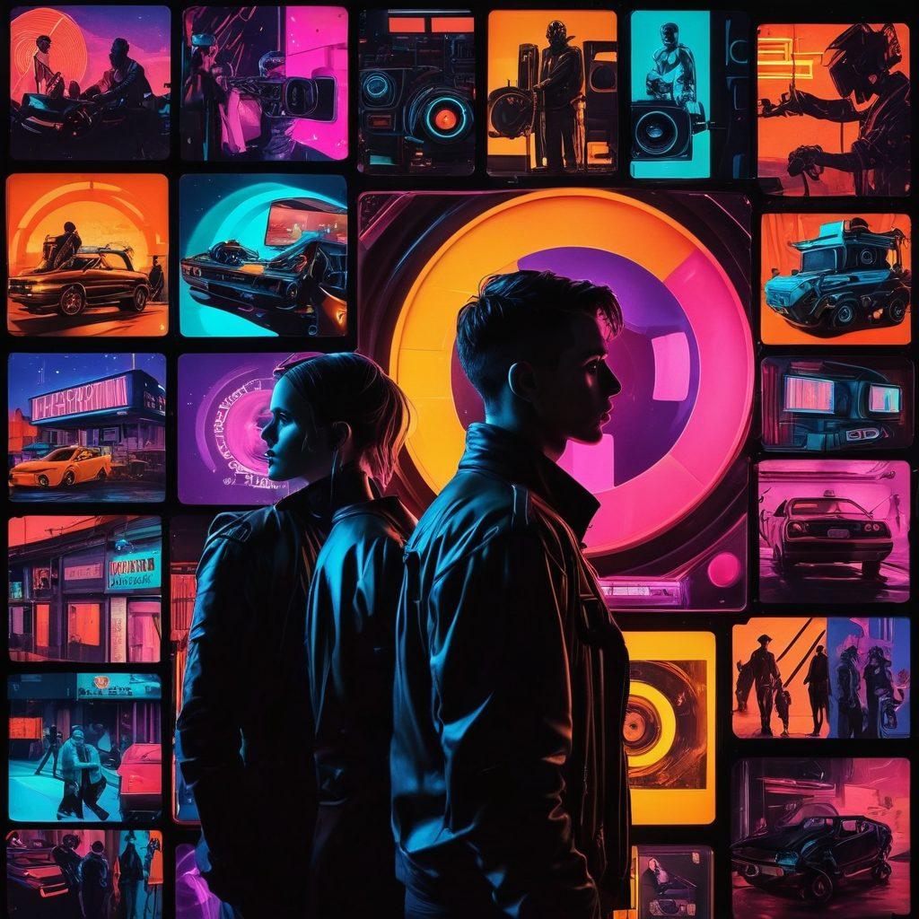A visually striking collage featuring a blend of film reels, vibrant neon lights, and abstract shapes representing adult themes. Incorporate silhouettes of different video playback icons interspersed with artistic representations of film critics discussing content. Set the background in a dimly lit room to evoke a sense of mystery and allure. Use bold and vivid colors to enhance the focus on entertainment. vibrant colors. cyberpunk style.